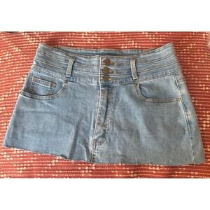 BLEU Light Wash Denim Mini Skirt High Waisted Raw Hem Triple Button Fly Size 12